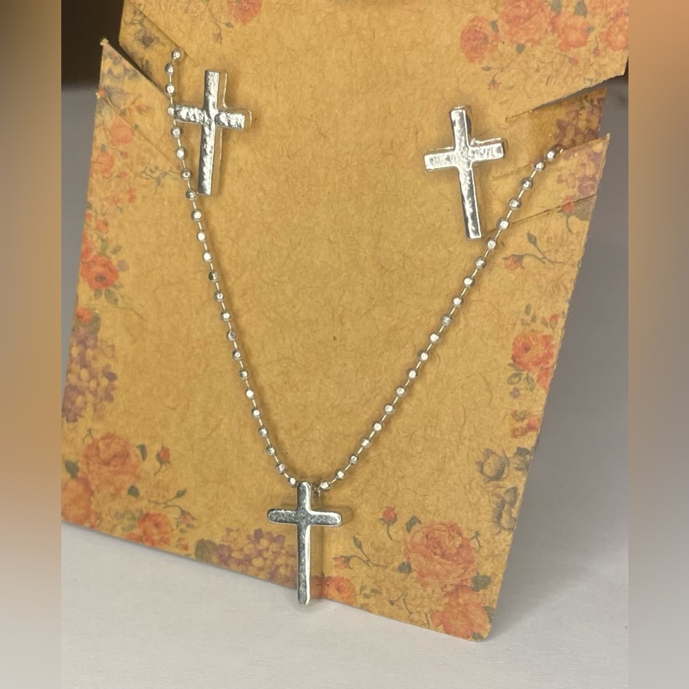 Dainty Silver Tone Cross Pendant Necklace & Earrings